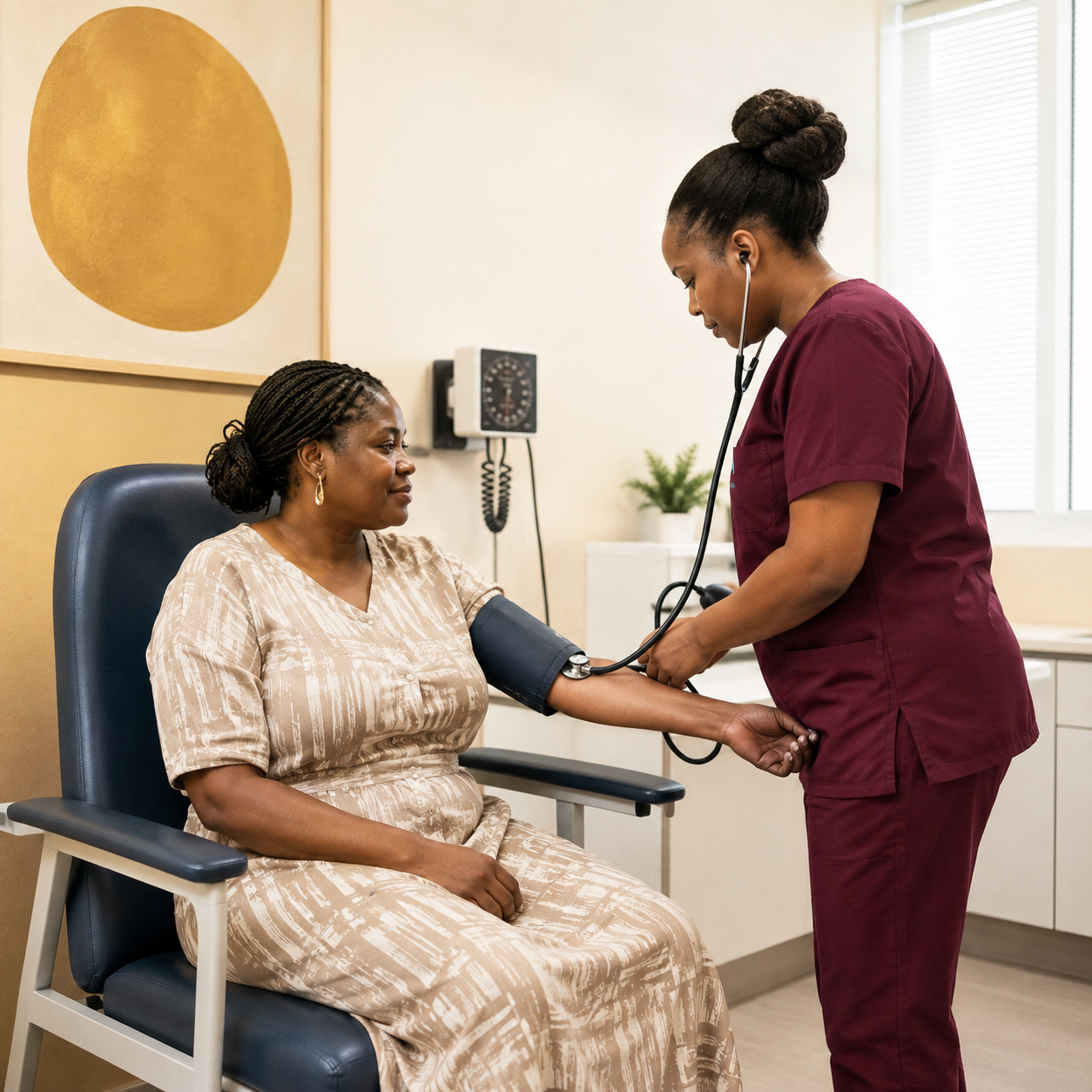 A nurse checking a seated patient's vital signs in a calm clinical room